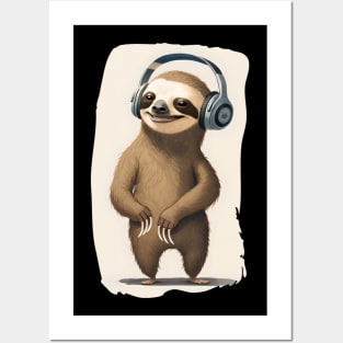 Sloth with Headphones Posters and Art